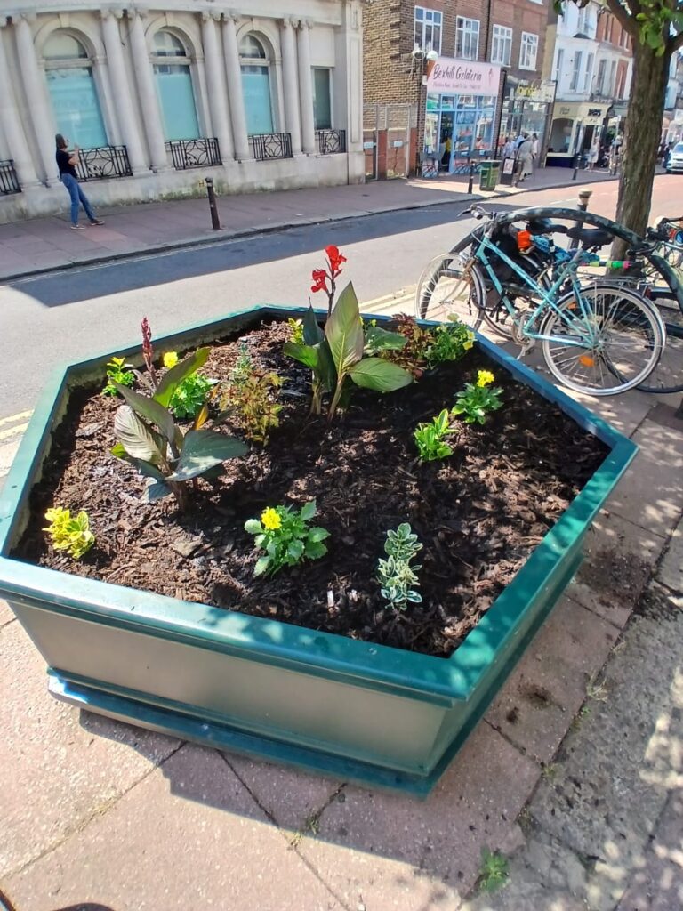 A hexagonal planter at the top of Devonshire Road with seasonal planting. 
