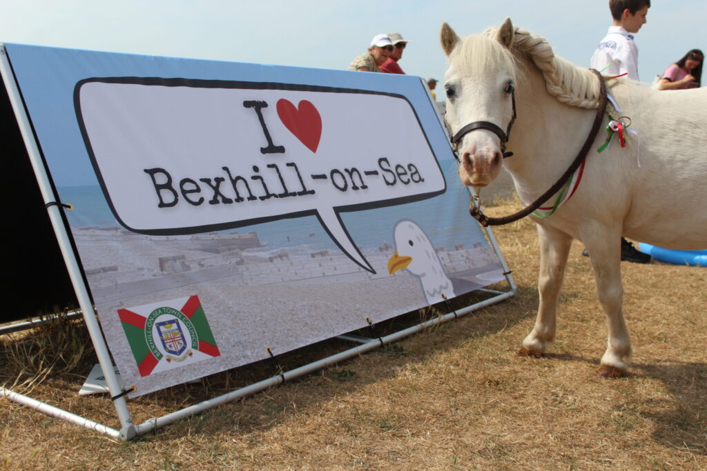 Rosie the Little Grey Pony poses next to an 'I Heart Bexhill-on-Sea' sign.