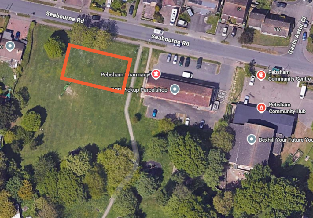 An aerial view of Pebsham Recreation Ground with a red rectangle overlaid indicating the whereabouts of the new play area at the Seabourne Road entrance.